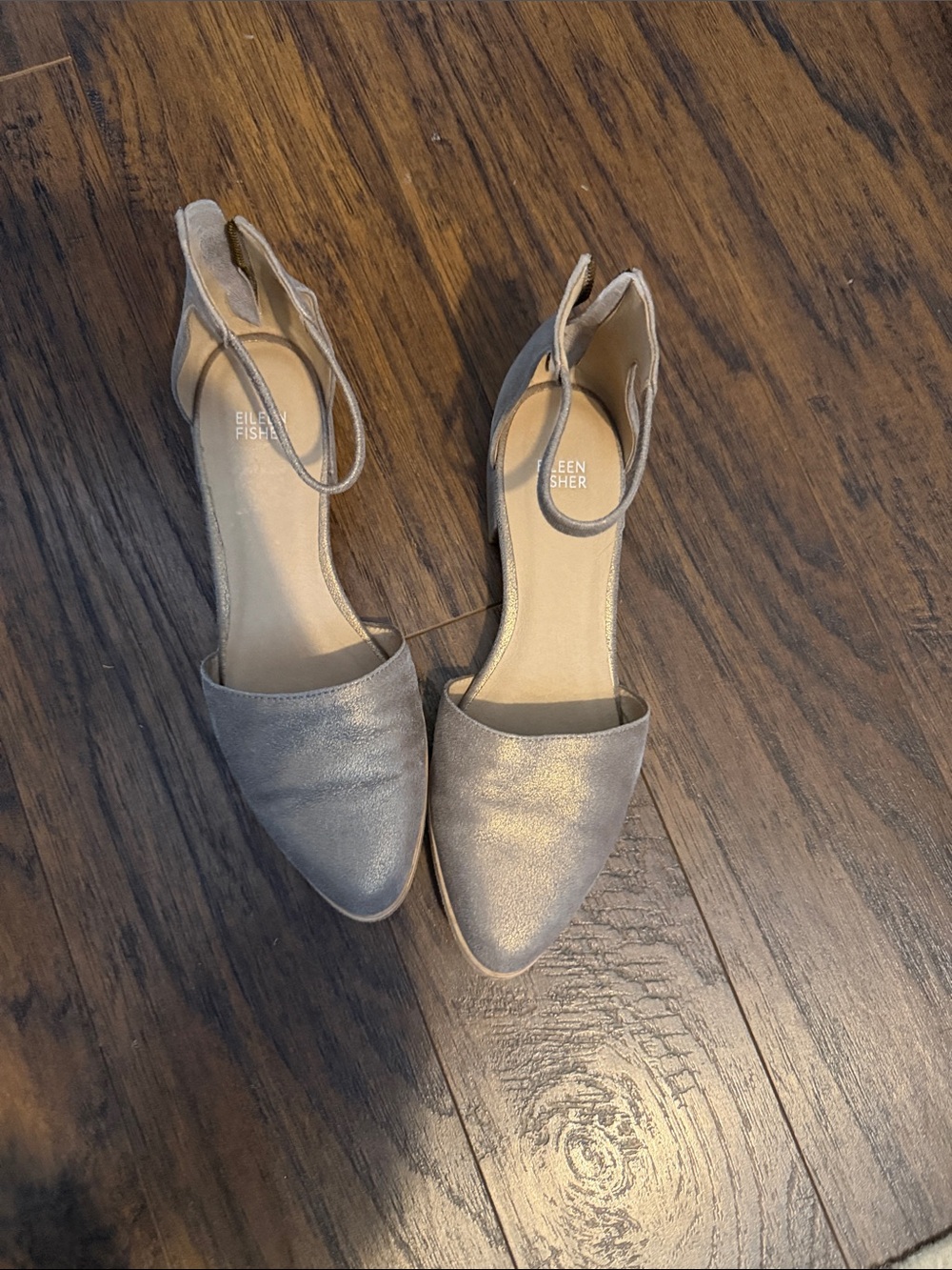 Eileen Fisher Metallic Silver Pointed-Toe Ankle-Strap Flats
